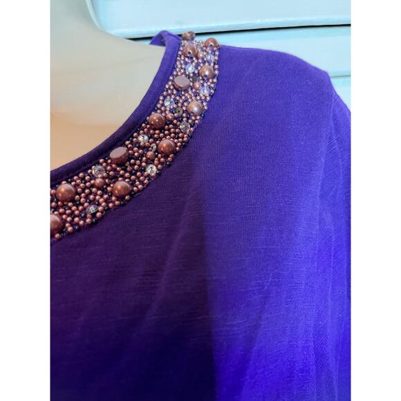 Coldwater Creek purple beaded neckline 100% cotton‎ knit top M Perfect Classy - Picture 4 of 5